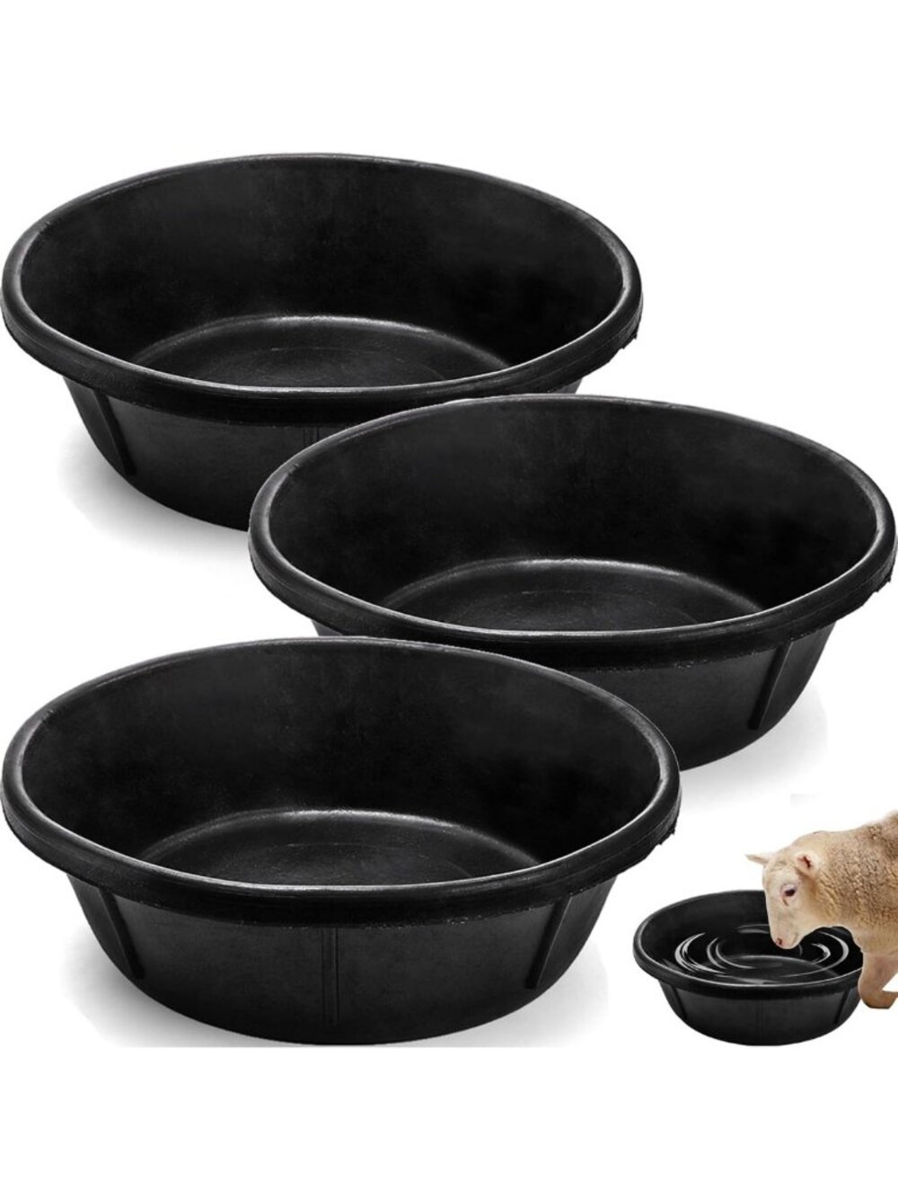 3 Pack Heavy Duty Rubber Feed Pans & Water Bowls for Livestock, 8 Quart Size